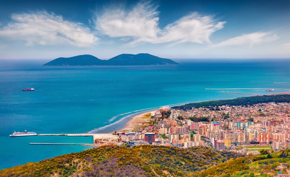 Aerial view of the city on sunny spring afternoon, Vlorë