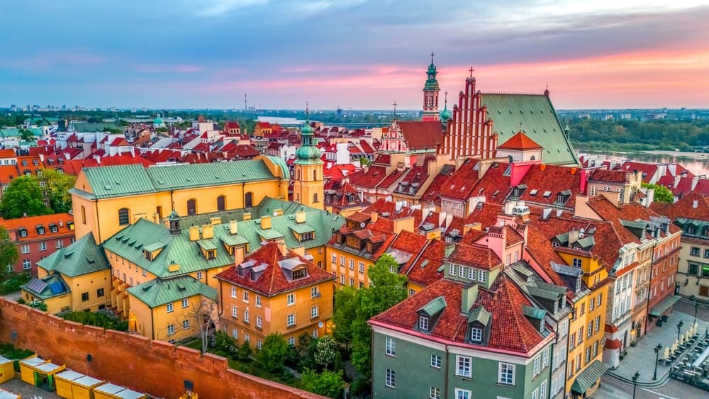 Aerial view of the colorful homes and castle, Warsaw