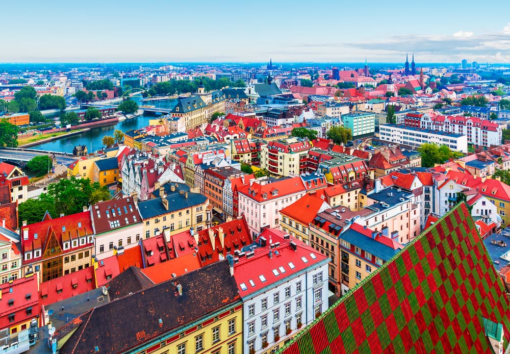 Aerial view of the city bright red roofs, Wrocław