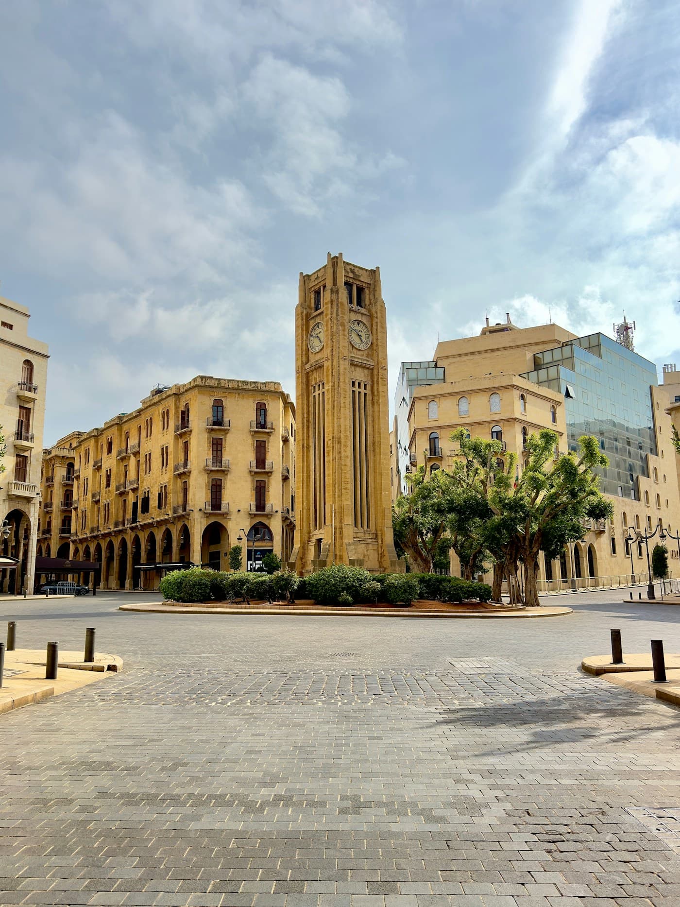 The clock tower in Nejmeh Square in downtown Beirut, ringed by sandstone buildings
