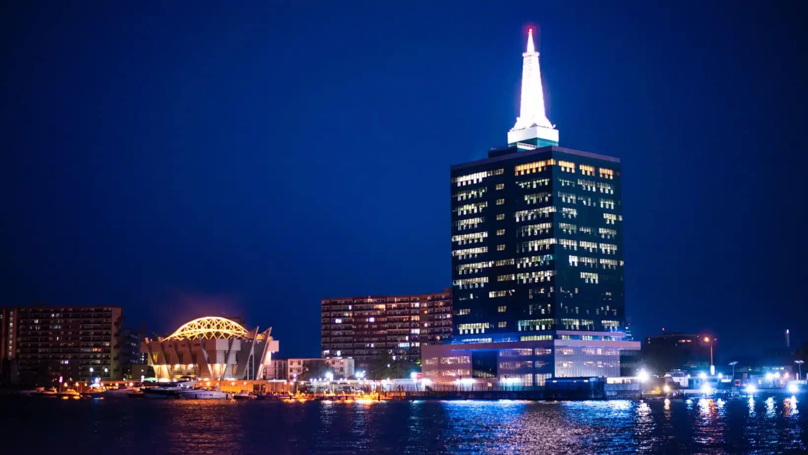 Lagos waterfront towers lit up at night