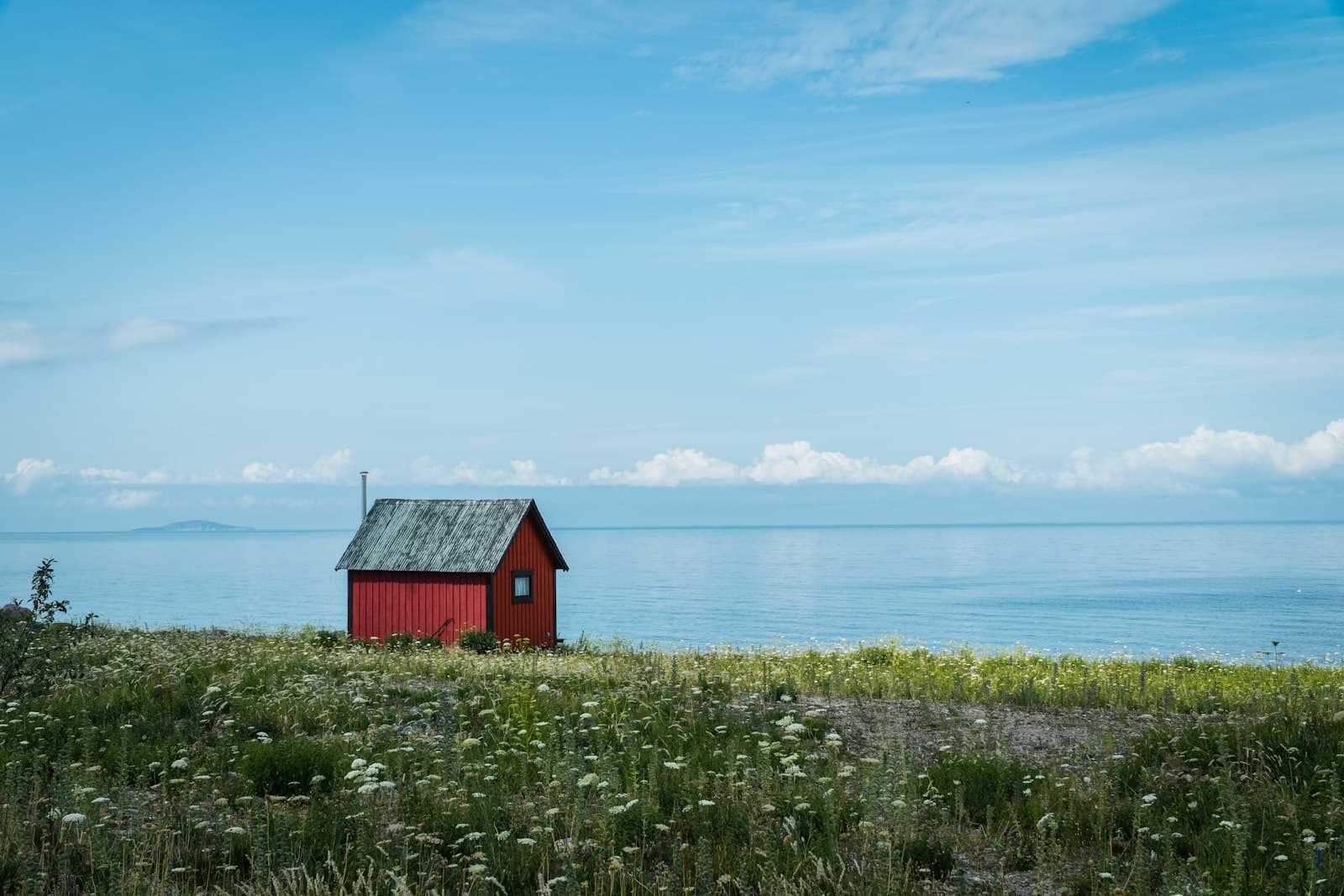 A red wooden cabin in a meadow on the Swedish coast