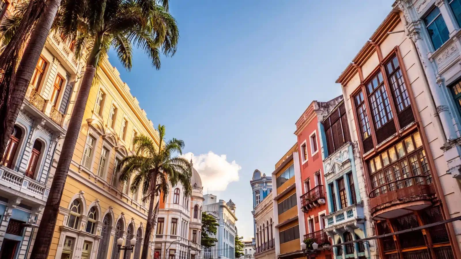 Colorful colonial facades and palm trees in Recife, Brazil