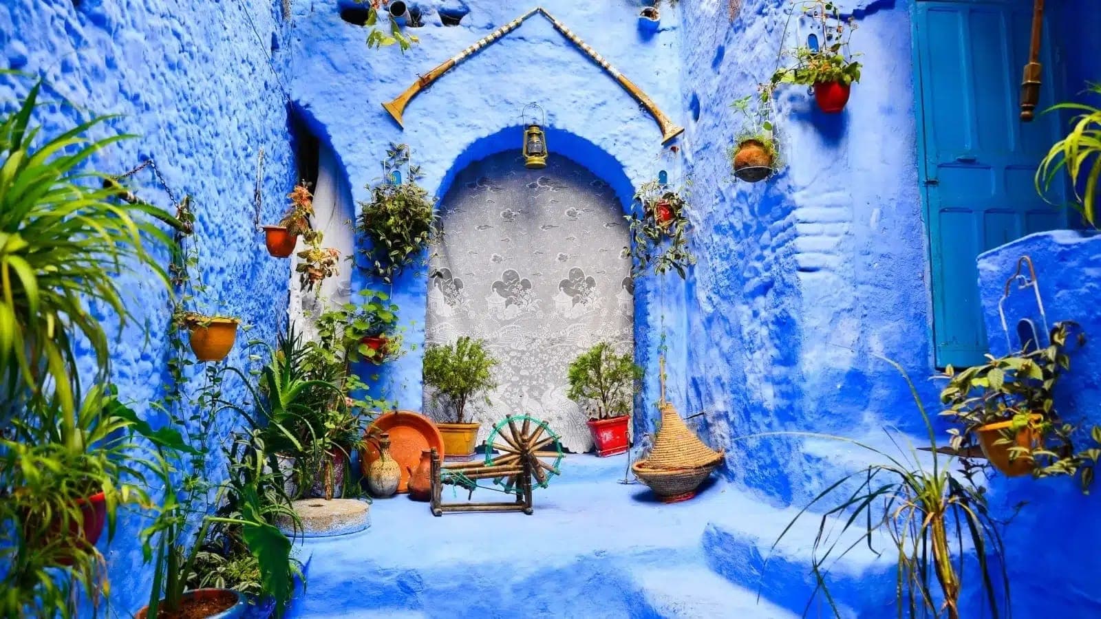 Blue-painted courtyard with potted plants in Chefchaouen, Morocco