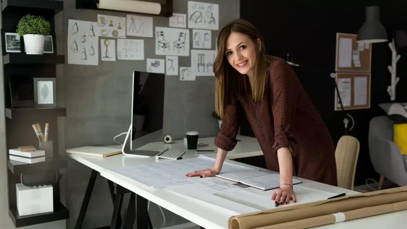 A designer leans over the desk in her own small studio