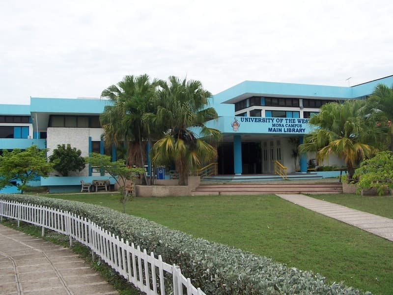 The main library at the University of the West Indies Mona campus in Kingston, with palm trees out front