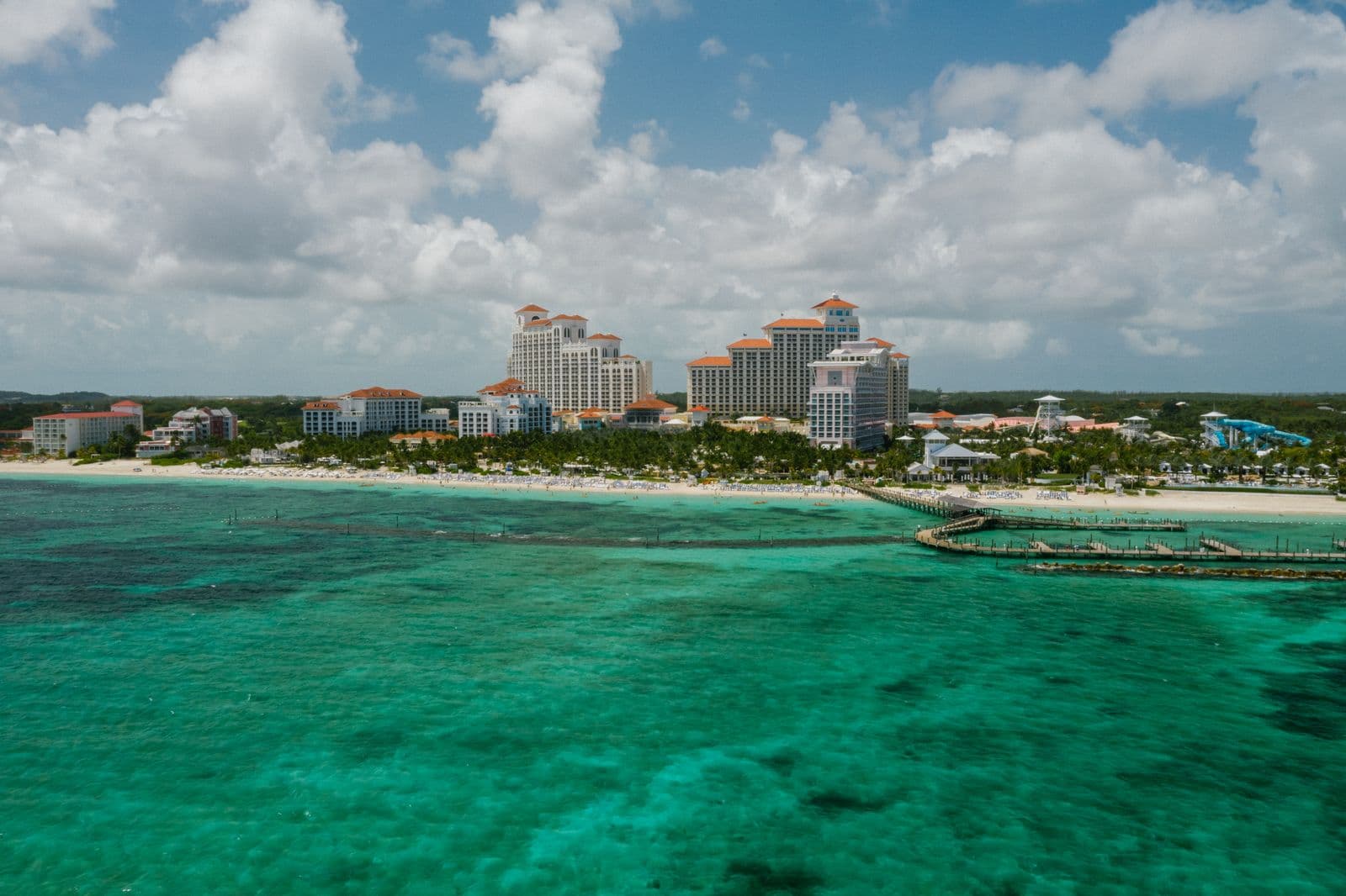 Resort towers along the turquoise coastline of Nassau