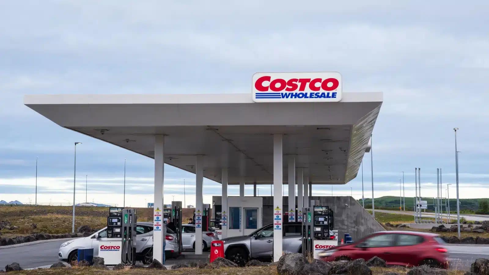 Costco gas station in Iceland under a gray sky