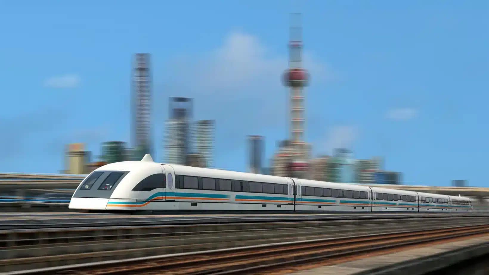 Shanghai's Maglev train speeding past the Oriental Pearl Tower and the Pudong skyline