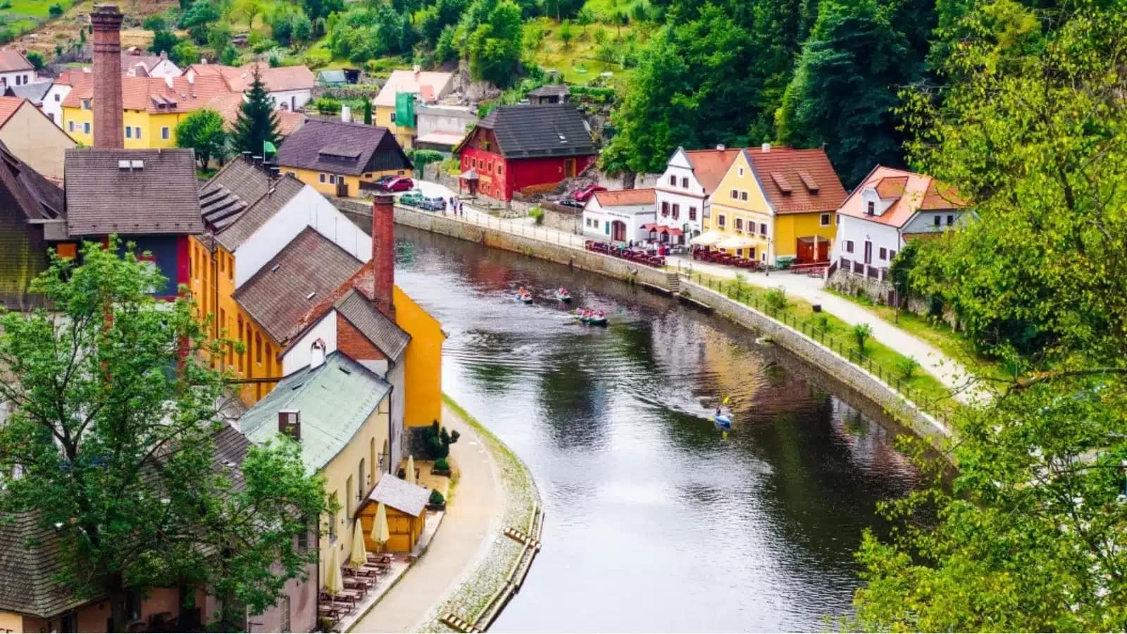 Colorful houses along a bend of the Vltava River in Český Krumlov