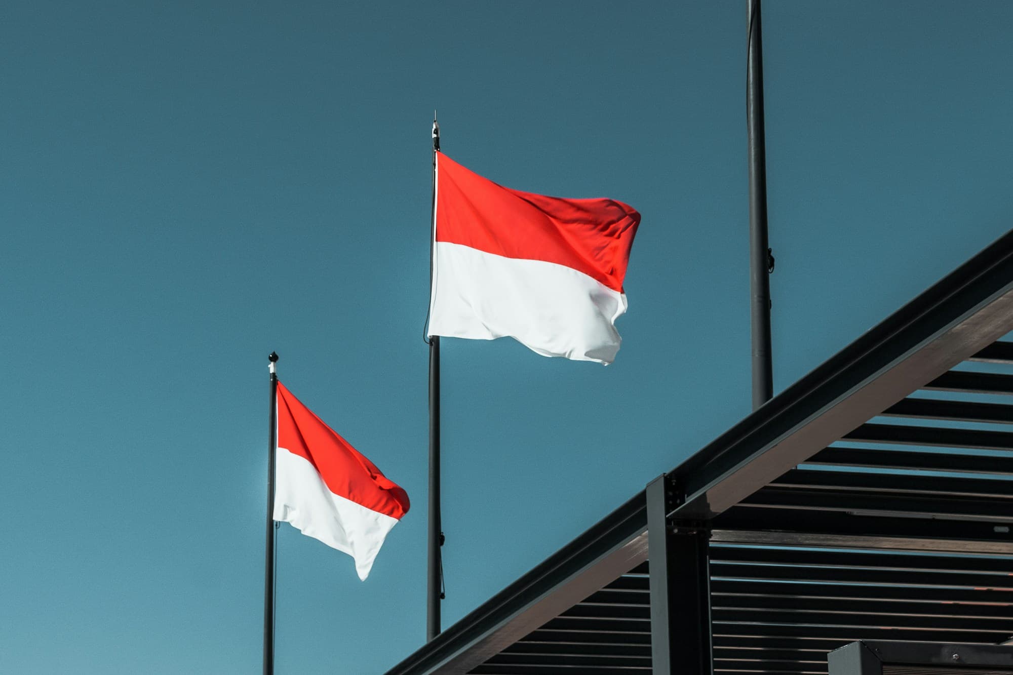 Monaco's red and white flags against a clear blue sky