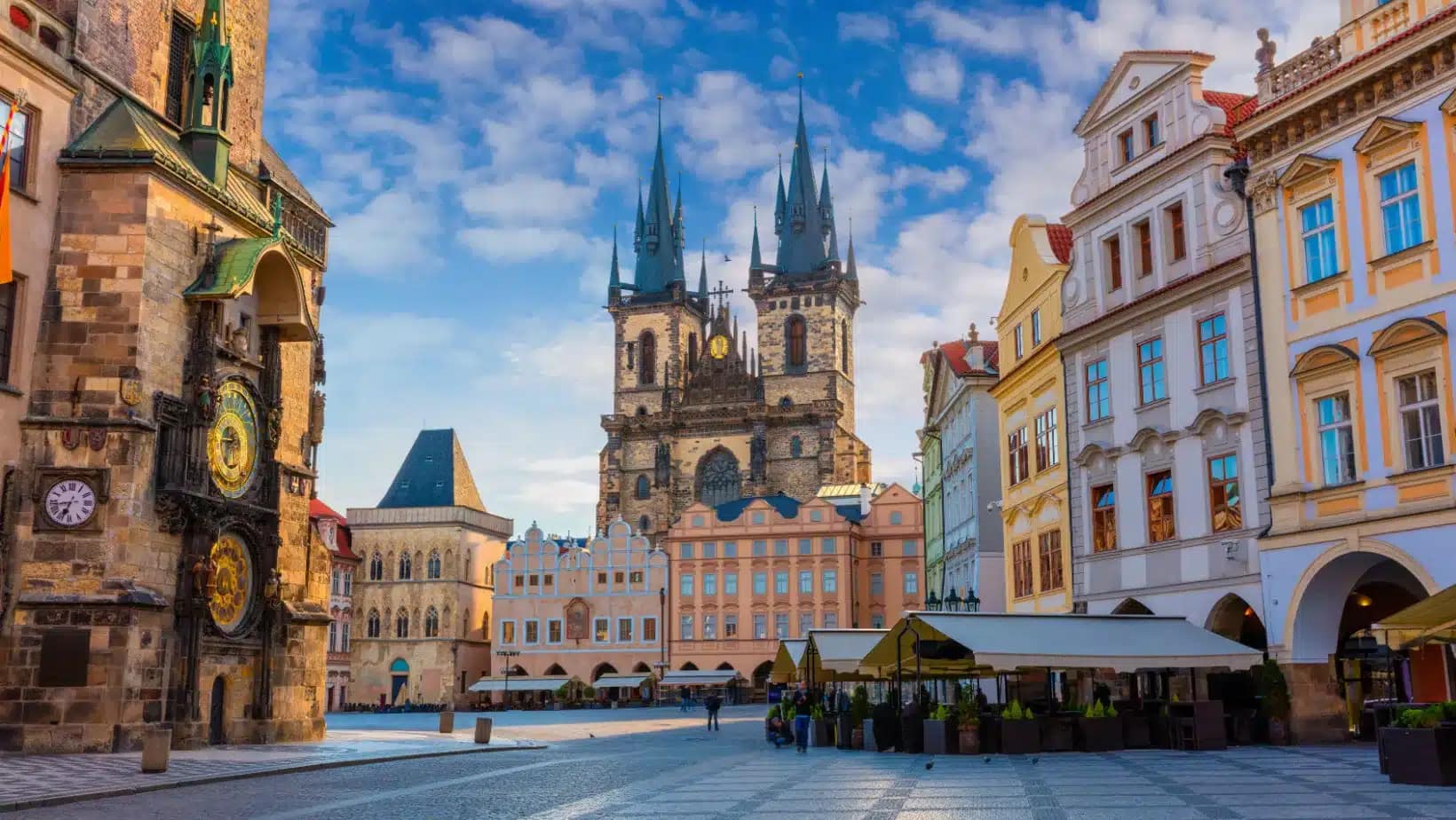 Old Town Square in Prague with the Týn Church and the astronomical clock tower