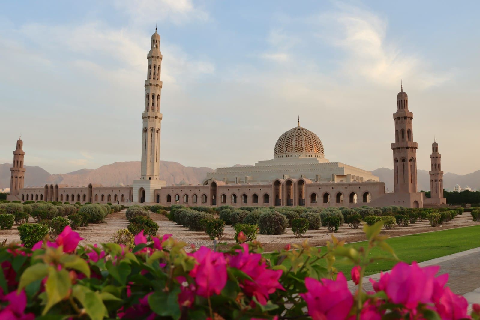 Sultan Qaboos Grand Mosque in Muscat with pink bougainvillea in the foreground