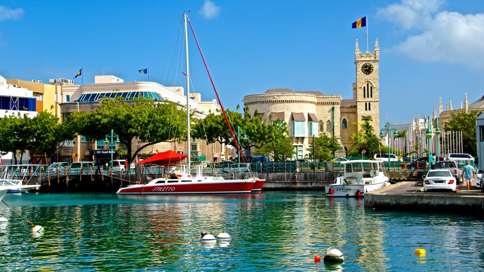 The Parliament Buildings and clock tower beside the Careenage in Bridgetown, Barbados