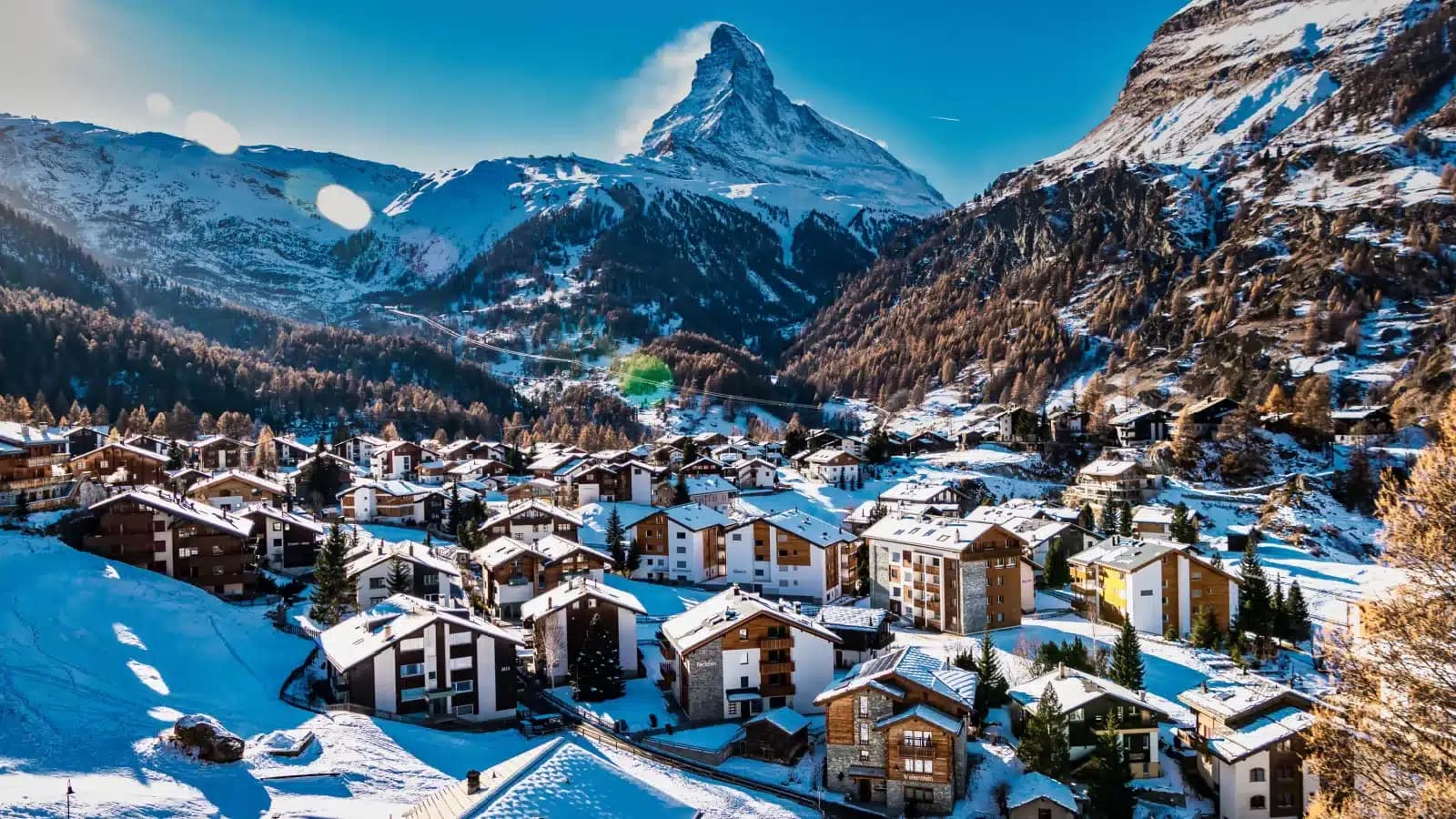 Zermatt village in winter below the Matterhorn, in the canton of Valais