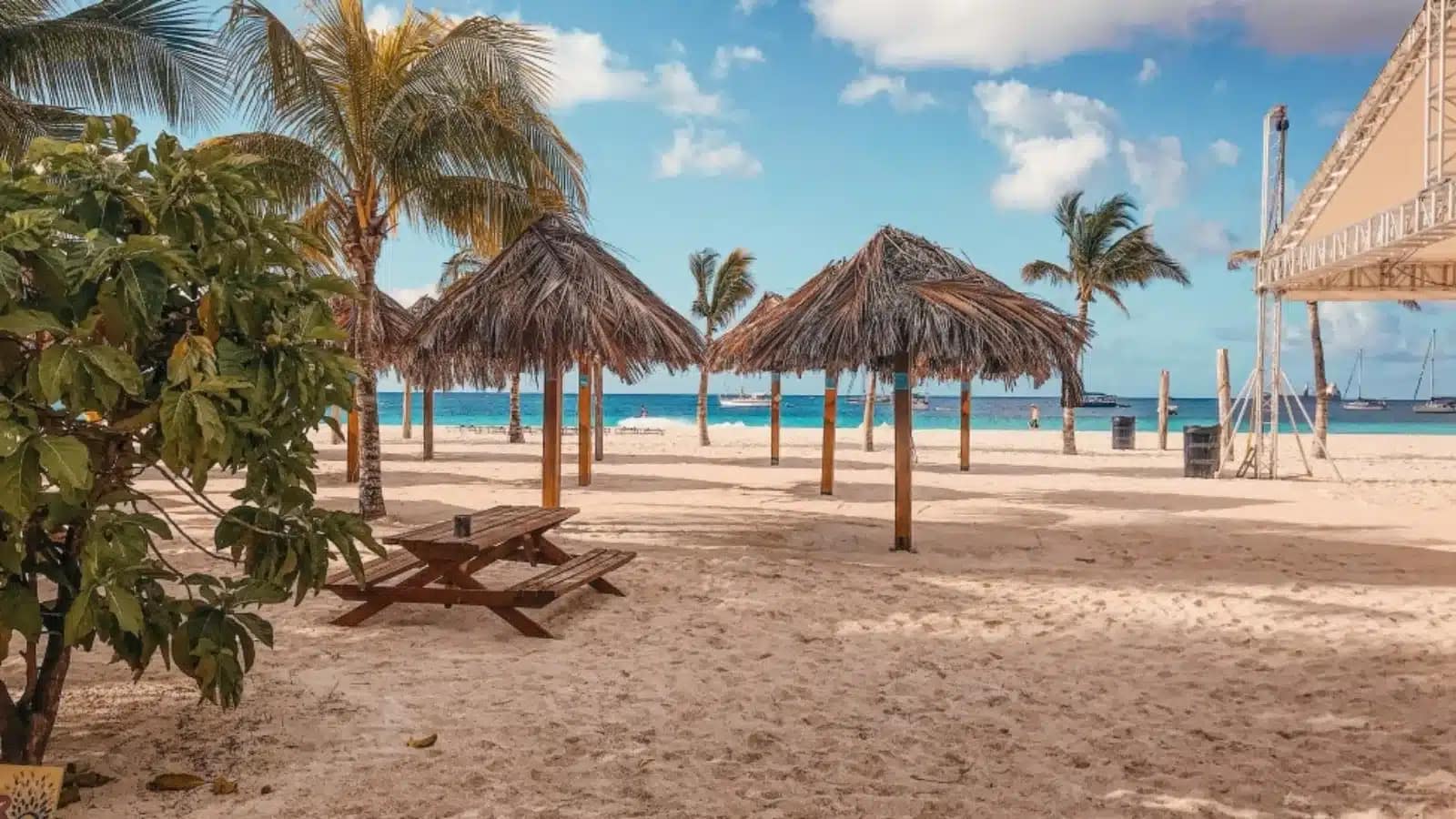 Thatched beach umbrellas and picnic tables on white sand facing turquoise water in Barbados