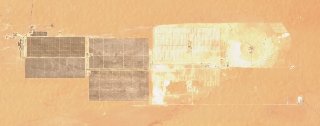 Satellite view of the Mohammed bin Rashid Al Maktoum Solar Park in the desert outside Dubai