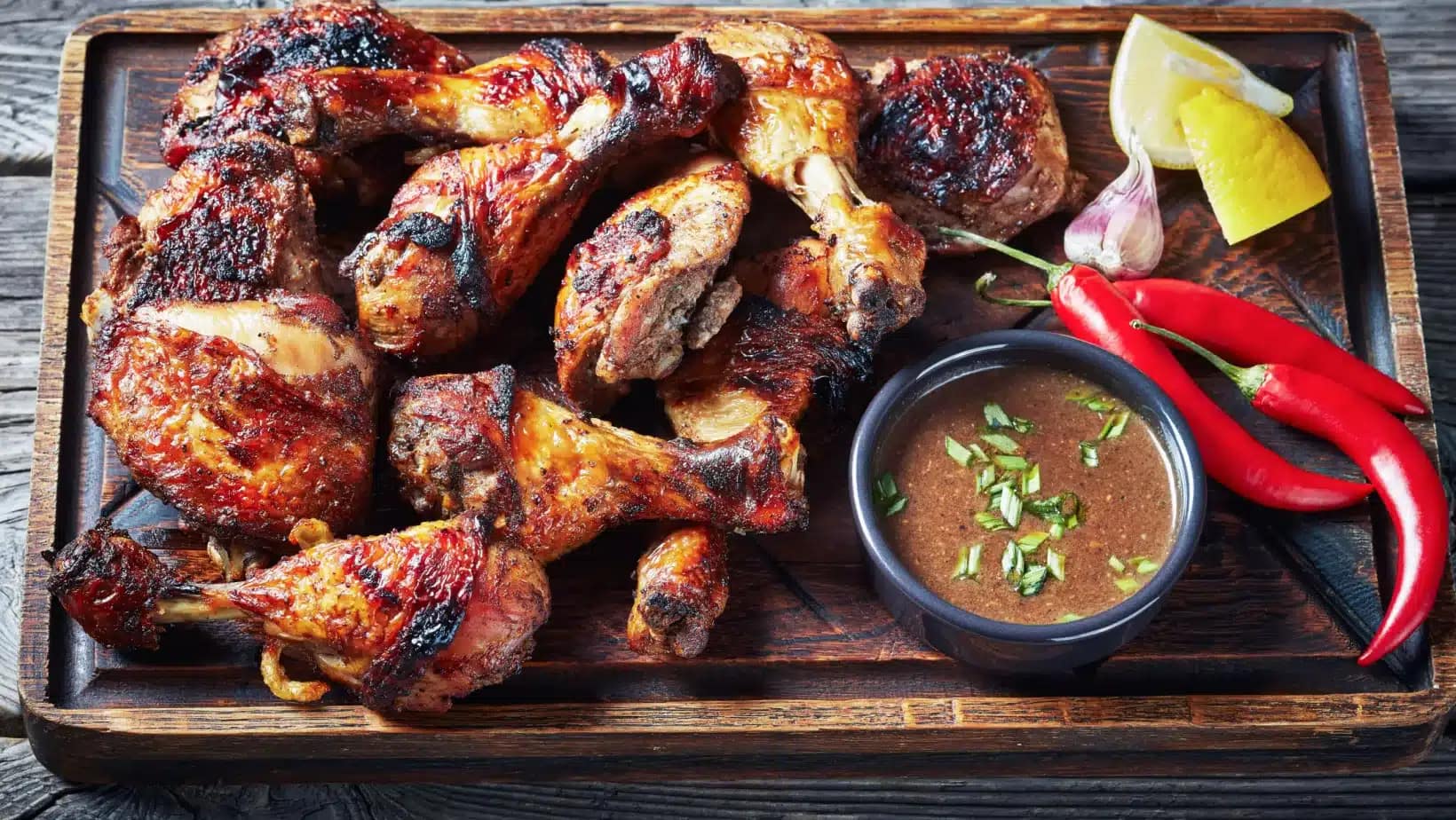 Jamaican jerk chicken on a wooden board with hot peppers and dipping sauce