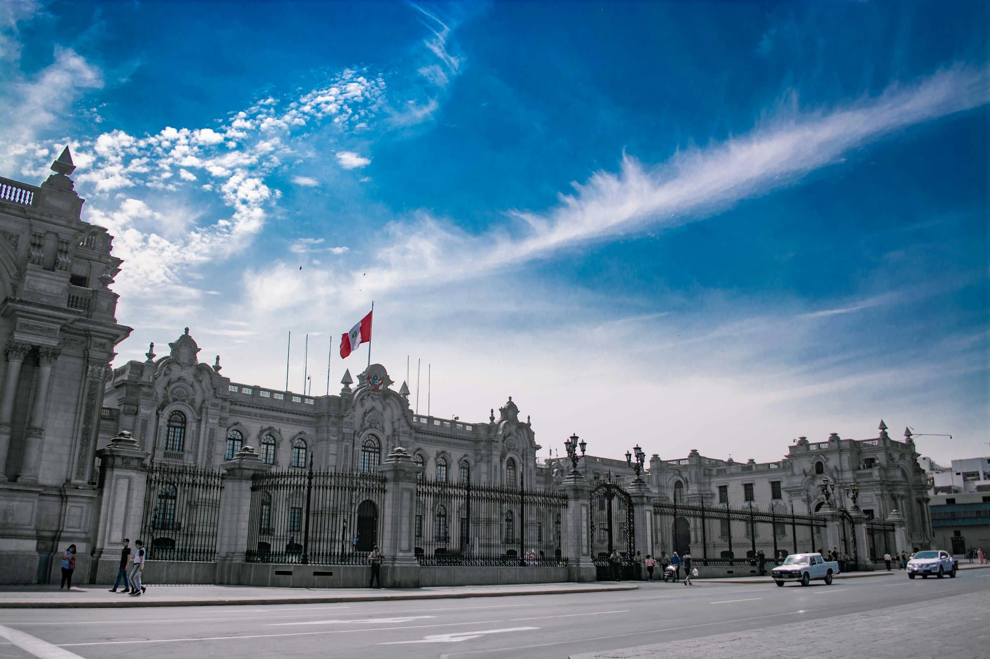 Peru's Government Palace on Lima's Plaza de Armas under a blue sky