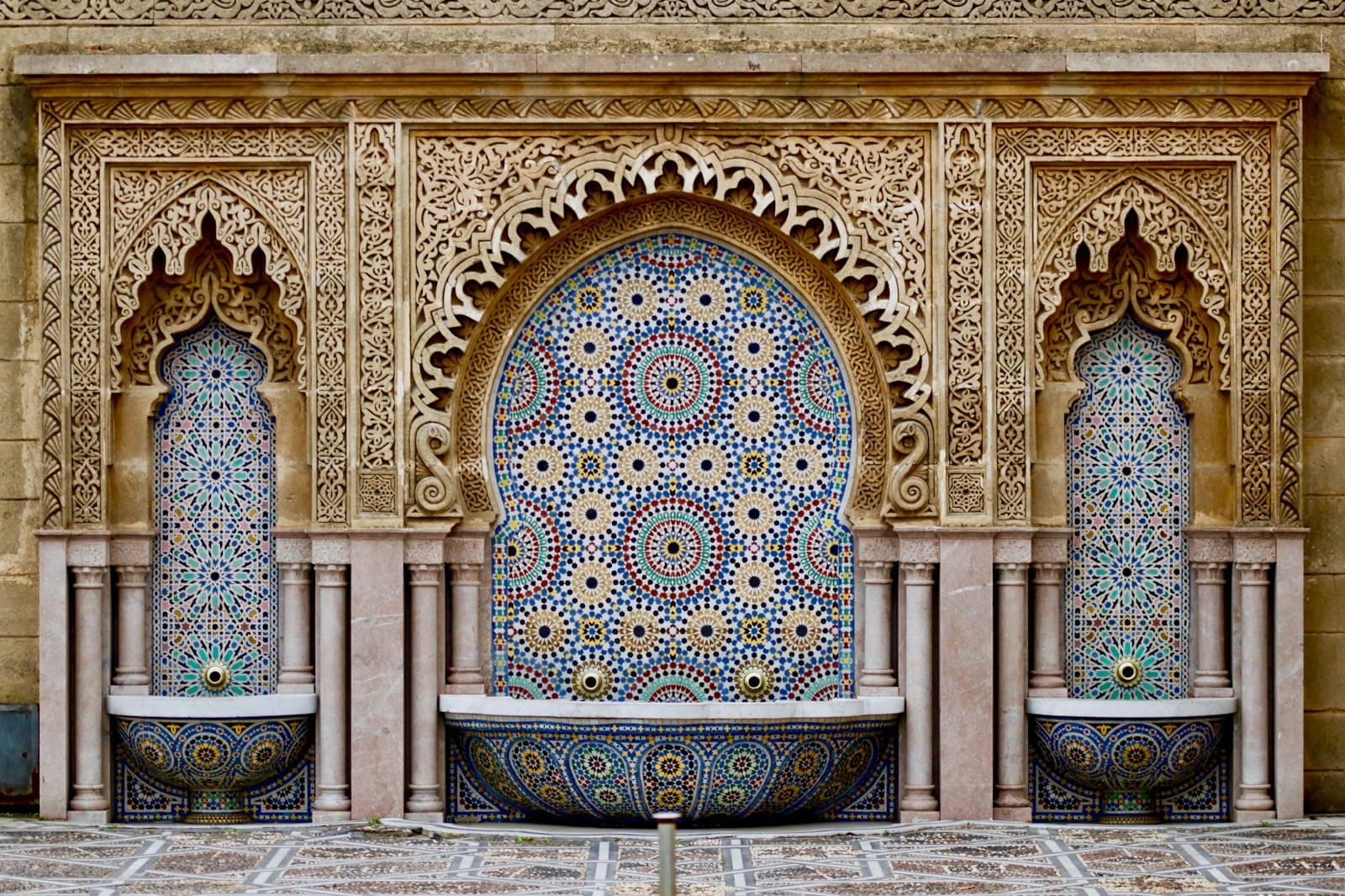 Carved plaster and zellige tile fountain in Rabat, Morocco