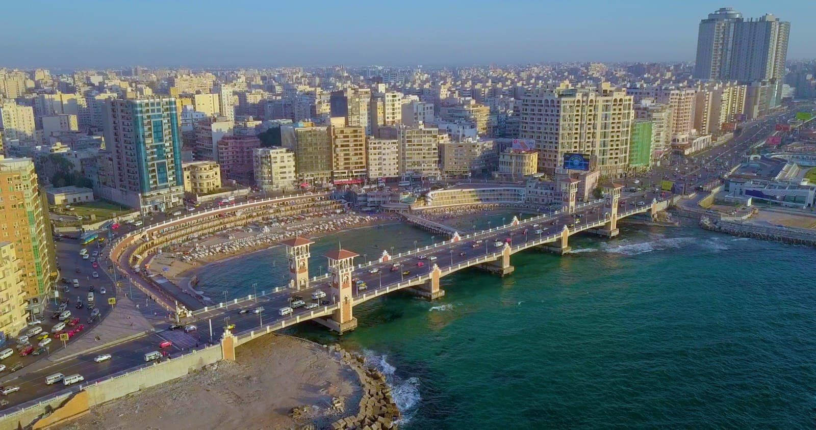 Aerial view of Stanley Bridge and apartment towers along the Alexandria Corniche