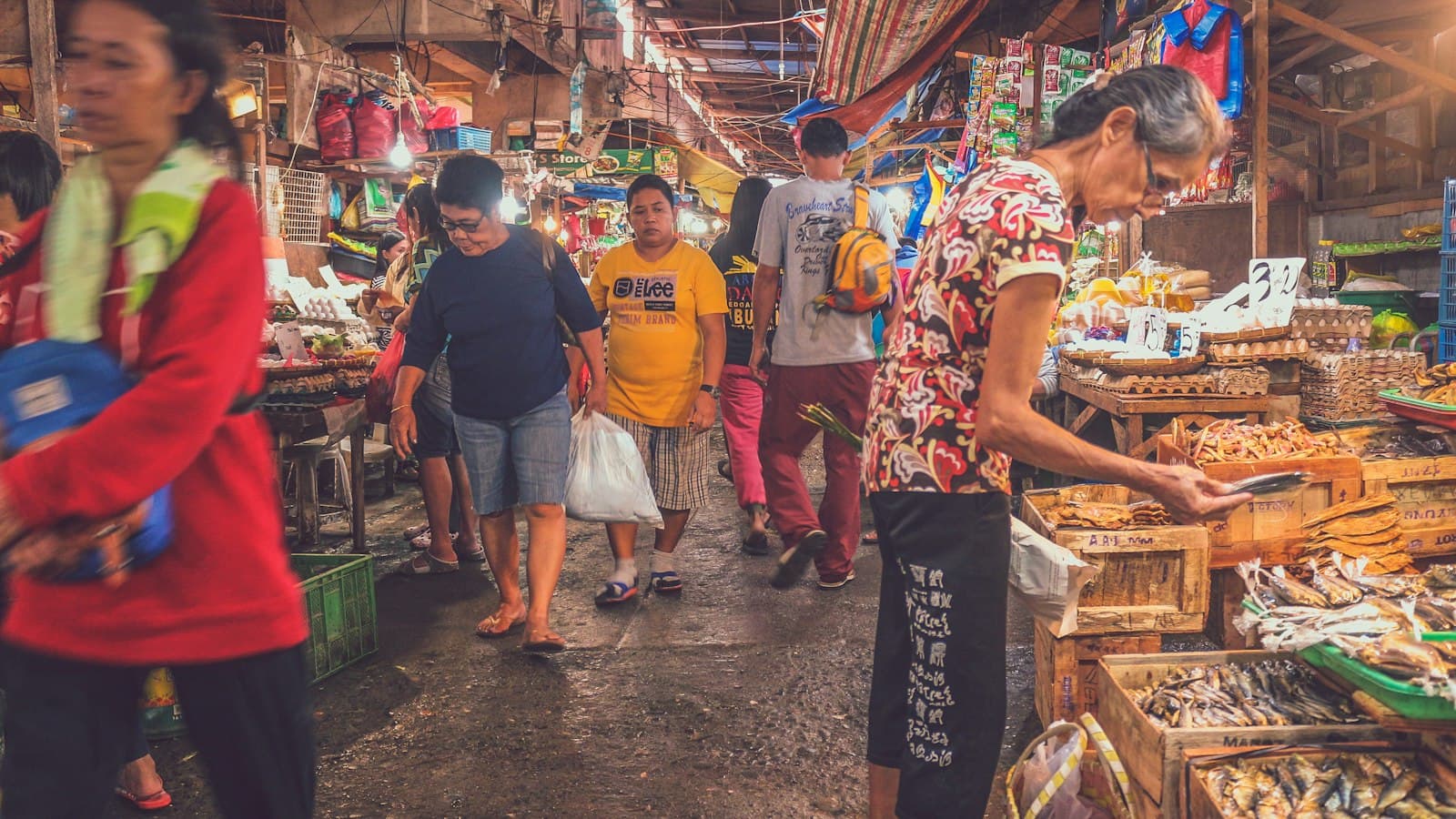 Shoppers walking between stalls of dried fish and produce at a Philippine wet market