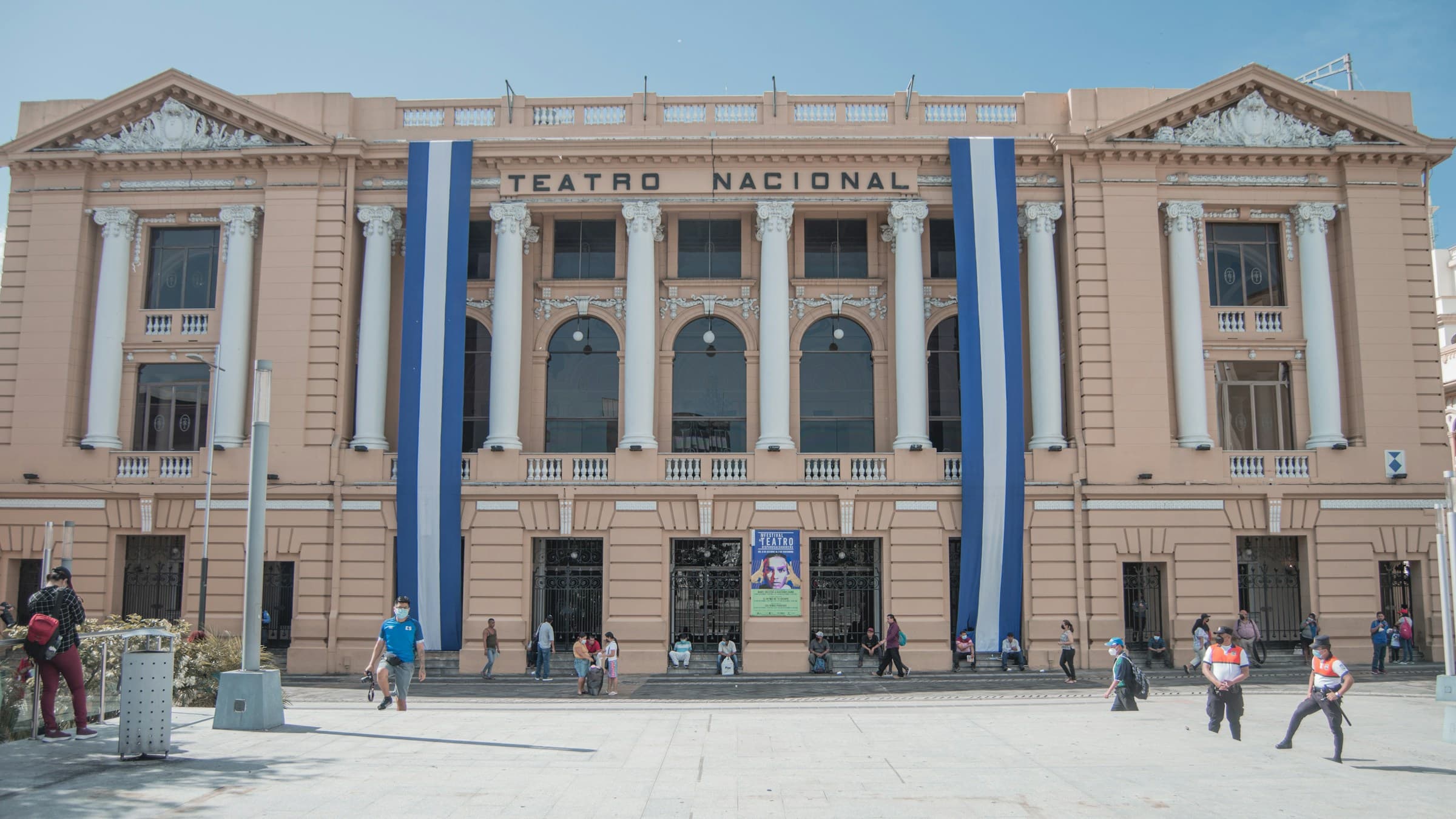 The Teatro Nacional in downtown San Salvador, hung with blue and white banners
