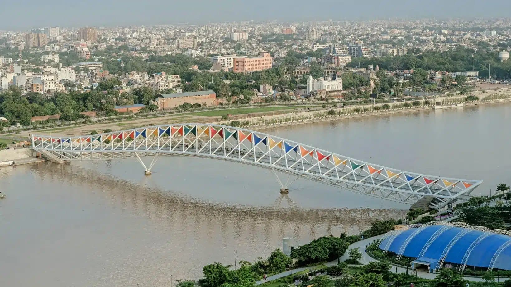 Aerial view of Ahmedabad and a footbridge over the Sabarmati River