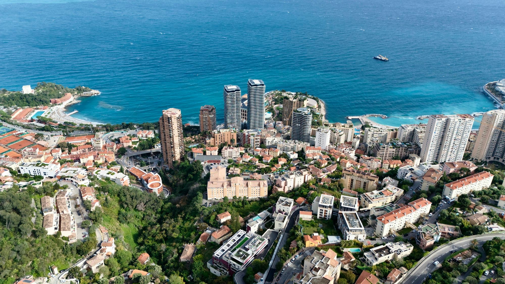 Aerial view of Monaco's Larvotto towers and beaches along the Mediterranean