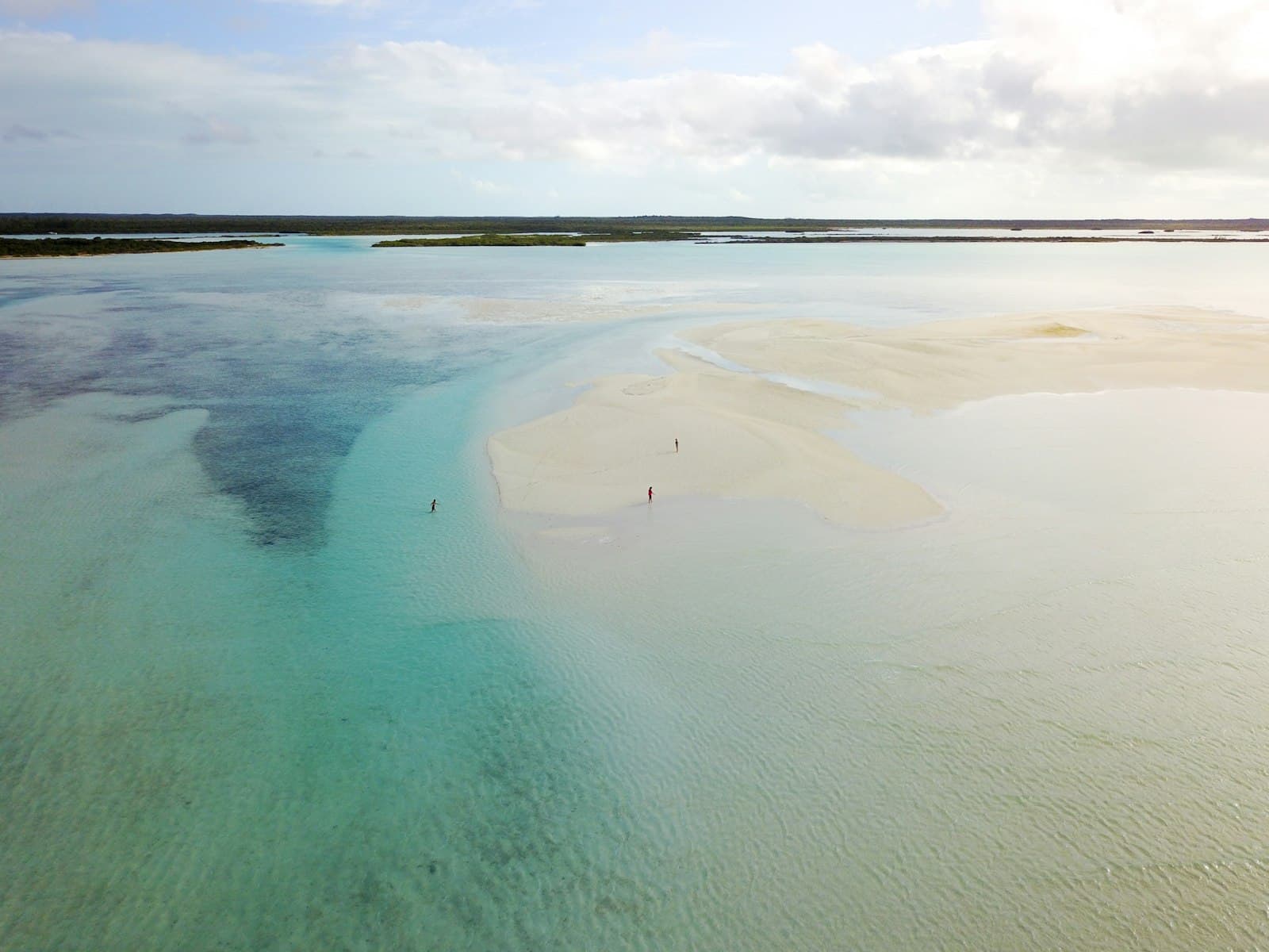 A wide white sandbar in shallow turquoise water in the Exumas with two people walking on it