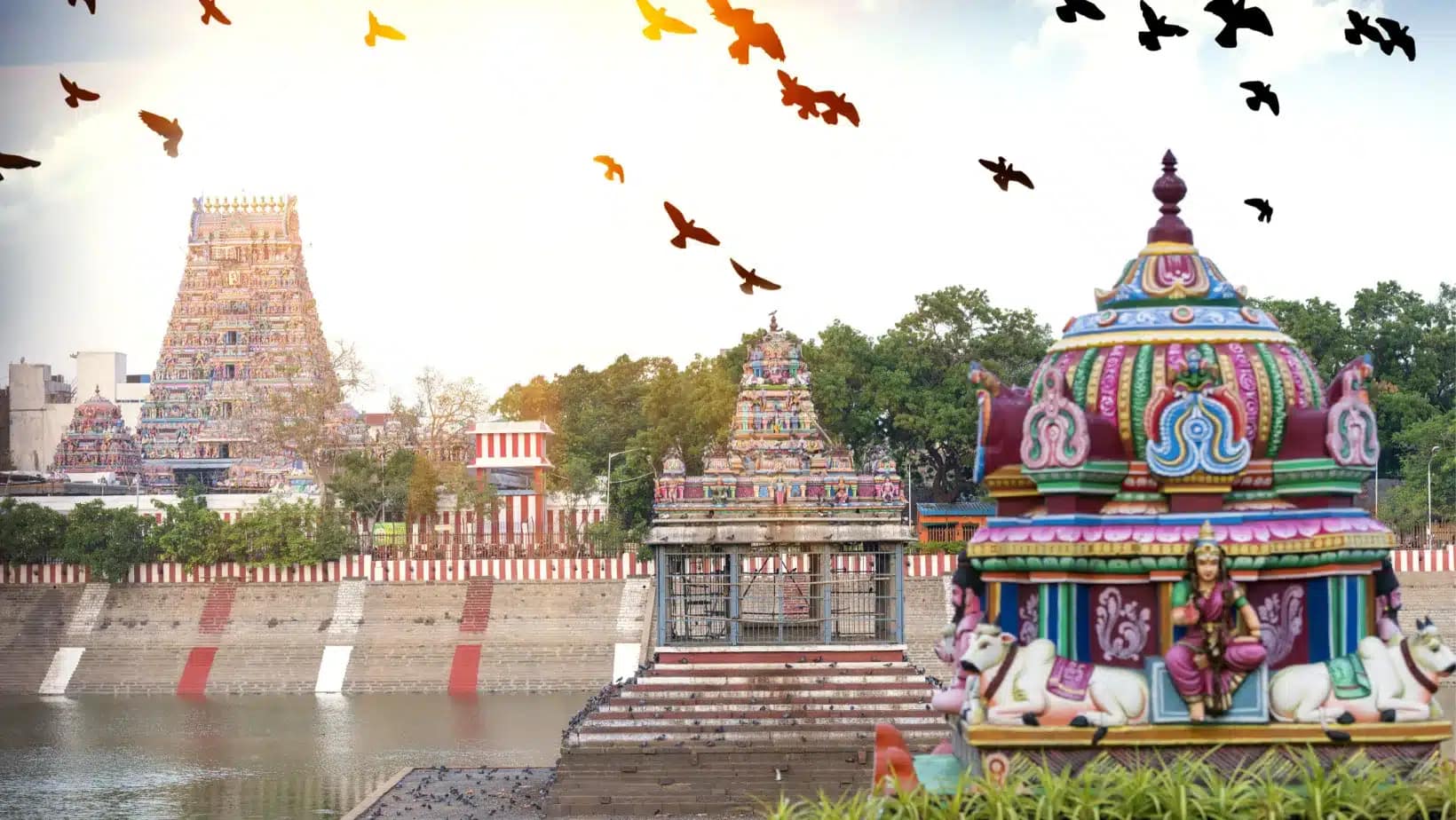 Kapaleeshwarar temple tower and temple tank in Chennai, India
