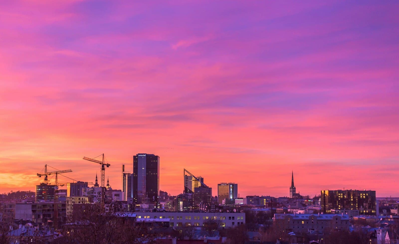 Tallinn's downtown towers and construction cranes against a pink winter sunset