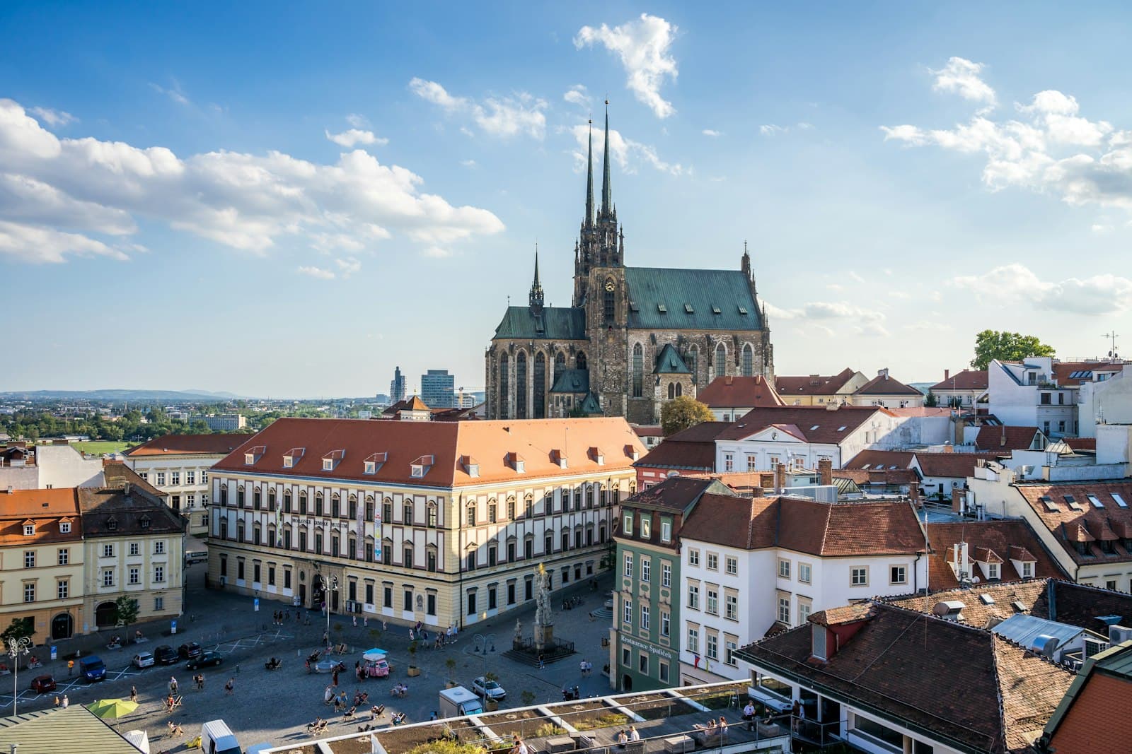 Brno's Cathedral of St. Peter and Paul rising above the Cabbage Market square