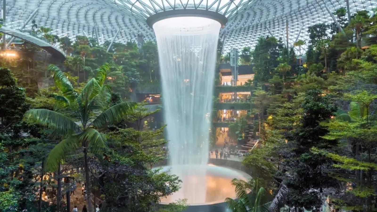 The indoor waterfall and garden at Jewel, Singapore Changi Airport