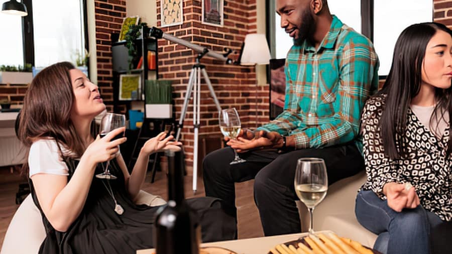Guests deep in conversation over wine