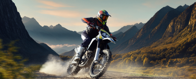A man on a motorcycle surrounded by mountains.